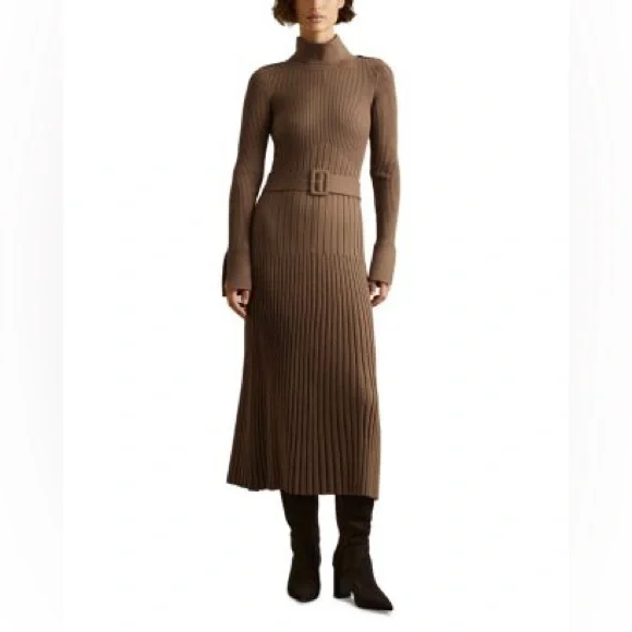 Reiss Vinette - Mocha Vinette Ribbed Roll Neck Belted Midi Dress, M Reiss Vinette - Mocha Vinette Ribbed Roll Neck Belted Midi Dress, M